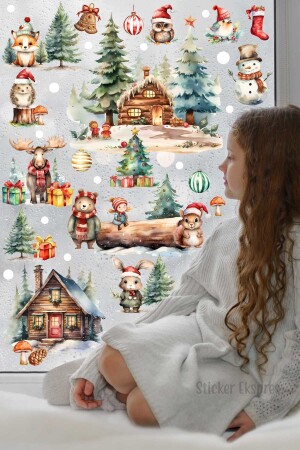 Christmas Themed Set in the Forest New Year Glass Door Wall Sticker Set SSTCKREKSP879 - Sticker Ekspres