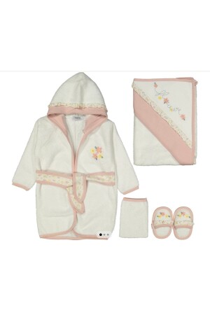 Çiçek Nakışlı Gaye Bebek Havlu Bornoz Seti Organik Antibakteriyel - Bebek Doğum Hediyesi 226640 - Cherub Baby