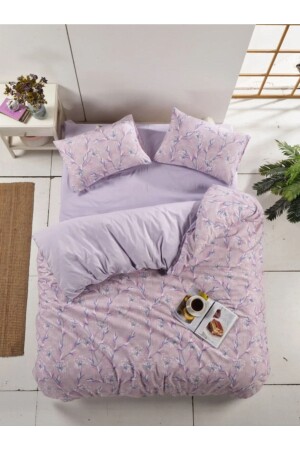 Çiçekli Lavanta Desen Çift Kişilik Nevresim Takımı Iki Yönlü Kullanım Çarşafı Düz Lila ÇİFT NEVRESİM TAKIMI - Sares Home