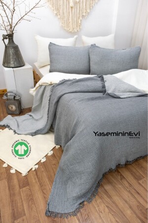 MNZ-Anthracite مزدوجة - لون الرمادي 4 طبقة مسلين غطاء السرير / 2 وسادة الحجري - YASEMİNİNEVİ
