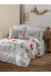 Çift Kişilik Ranforce Nevresim Takımı Yılbaşı Özel Holly Gri COTTON BOX HOLLY GRİ Ç.K NEVRESİM TAKIMI - Cotton Box