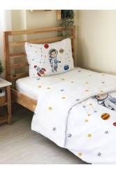 Çift Taraflı Astronot Desenli Çarşafsız -baskılı Tek Kişilik Nevresim Takımı -beyaz 88123 - Evmila