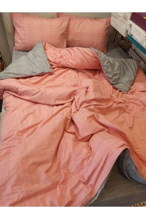 Çift Taraflı Kullanılabilen Çarşafı Lastikli Somon Gri Çift Renk Çift Kişilik Nevresim Takımı NevDüz - ŞENER HOME