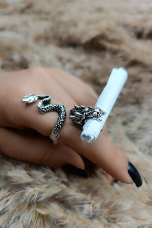 Cigarette Holding Dragon Model Antique Antique Silver Plated Adjustable Ring - S4s