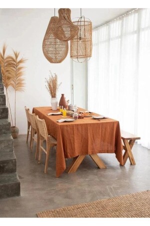 Cinnamon Color Organic Raw Linen Tablecloth - Home Art Atelier Hand Made