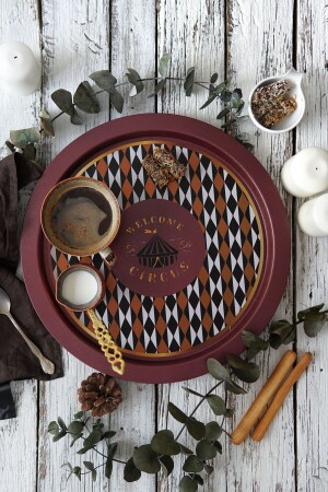 Circus Patterned Round Metal Tray - Tea Coffee Tray - Presentation Tray 37 Cm Ee163-t8 TYC00564694461 - Evle