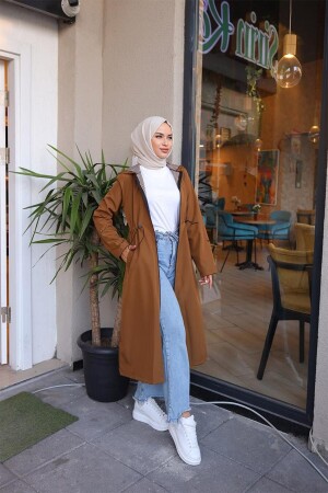 Çizgi Detaylı Kapşonlu Trenç BRC1901 Taba - Burcu Tesettür