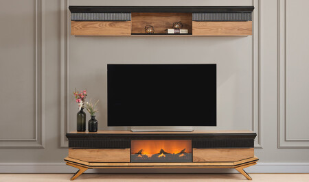 Clara Walnut TV Unit with Fireplace - Cadde Yıldız