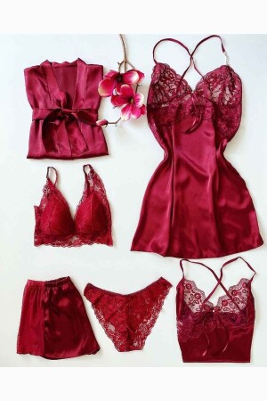 Claret Red 6-Piece Dowry Set with Dressing Gown 6114 - Çeyize Dair Herşey