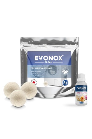 Clean 3 Adet Çamaşır Yün Keçe Kurutma Topu - 30ml Esans Koku Hediye - Doğal ve Çevre Dostu - Evonox