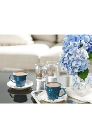 Clover Flower Porcelain Coffee Cup Set for 2 People 80 Ml White - Blue 10032332 - English Home
