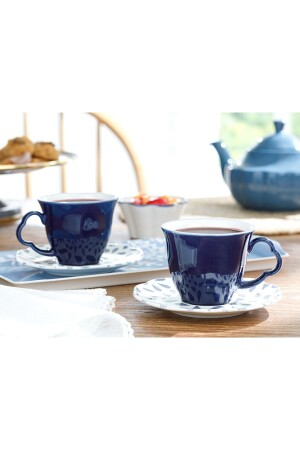 Clover Leaf Porcelain Teacup Set for 2 People 180 ml White - Blue - English Home
