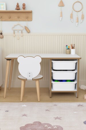 Çocuk Oyun Aktivite Masası 90x45 Cm 3 Sepetli Çocuk Çalışma Masası Arkalıklı Sandalye - Panda OBIKIDS001 - OBİ Atölye