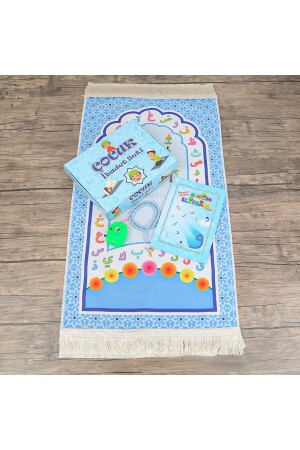 Çocuk Seccadesi Ve Eğitici Kitabı Namaz Seti - Mavi 45x82 Cm - 110 gr - Tesbih - Oyuncak Fotograf M - İkranur