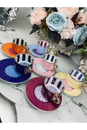 Coffee Cup Set - Colorful Polka Dot Detail - 6 Pieces - Colorful Coffee Cup (MH000108) C263 - Genel Markalar