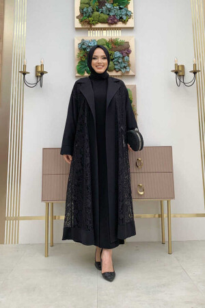 Collared Lace Guipure Detail Abaya 7830 Black - Bym Fashion