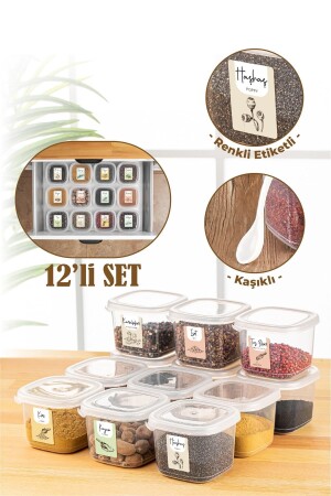 Colored Labeled 12-pack 0.55 Liter Peggy Square Spice Storage Container with Spoon White PGGY12LI055 - Vienev
