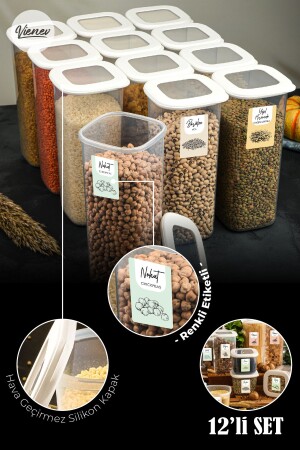 Colored Labeled Set of 12 Large Size 1.75 Liter Labeled Square Food Storage Container BNM12LI - Vienev