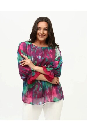 Colorful Patterned Lined Chiffon Blouse Plus Size - Tiajoven