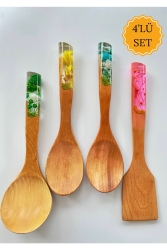 Colorful Serisi El Yapımı Bambu Kaşık Seti-ahşap-tahta Kaşık 4'lü Set -2 Kaşık, Kepçe, Spatula LSN1019 - LOTUSSPOON
