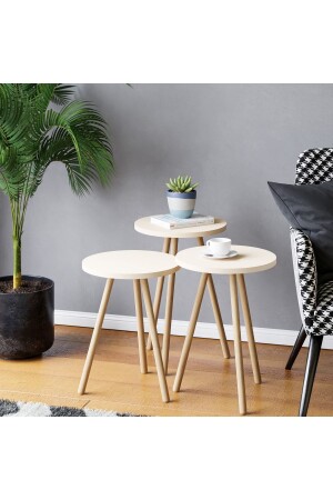 Colorful Triple Nesting Coffee Table with Wooden Legs, Round Pastel Design, Cream - interGO