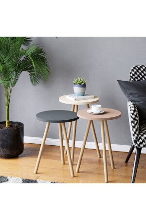 Colorful Triple Nesting Coffee Table Wooden Legs Round Pastel Design Gray Cream Cappuccino BAHARYURVALAK - interGO