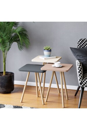 Colorful Triple Nesting Coffee Table Wooden Legs Square Pastel Design Gray Cream Cappuccino TYC00041561403 - interGO