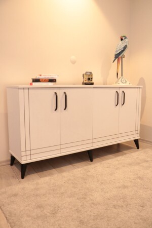 Console TV Unit White Body White Cover Decorative Lines Living Room Console 160 Cm modernconsolewhite bodywhite cover - KLT Modüler