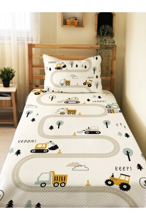 Construction Machinery Road Patterned Baby And Child Printed Single Pique Set 160x230 white - Evmila