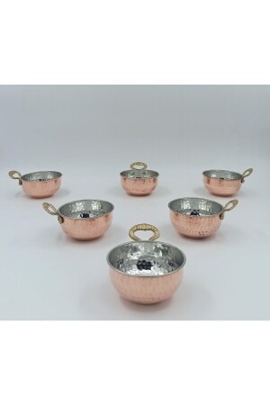 Copper Snack Bowl, Breakfast Plate Deep Handled Set of 6 Red 0558 - KAYSERİ BAKIRCILIK