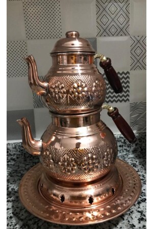 Copper Teapot Flower Embroidered Balcony Pleasure Ottoman Copper Teapot with Stove Bkrcicekjel - MARATON