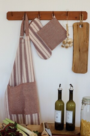 Cotton Linen Burgundy Striped Kitchen Apron, Heat Resistant Oven Mitts Holder Set MST - vivamaison