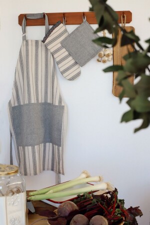 Cotton Linen Gray Striped Cook - Kitchen Apron - Heat Resistant Oven Mitts Holder Set - Vivamaison
