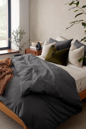Cotton Linen Washed Anthracite Double Duvet Cover Pillow Set 200x220 Cm YNVR100 - vivamaison