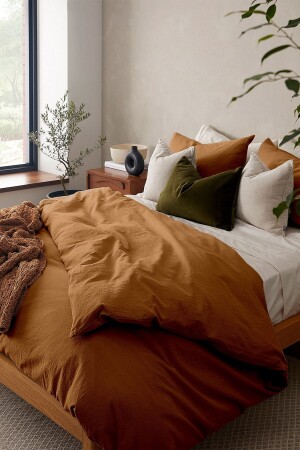 Cotton Linen Washed Camel Color Double Duvet Cover Pillow Set 200x220 Cm YNVR100 - vivamaison