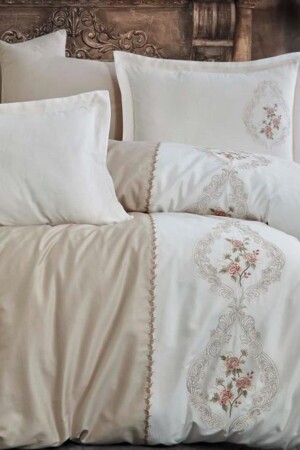 Cotton Satin Double Duvet Cover Set - Isabella Beige Isabella Beige Duvet Cover - Dantela