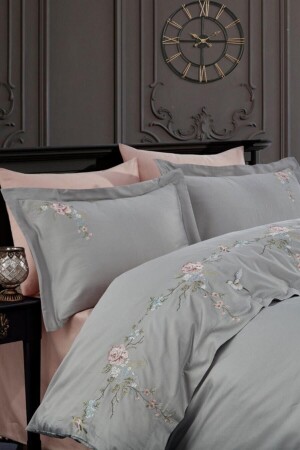 Cotton Satin Double Duvet Cover Set Rüya Gray Duvet Cover - Dantela