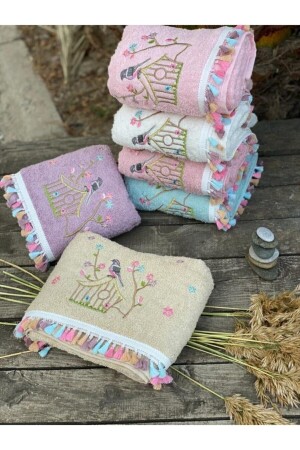Cotton Set of 6 Bird Cage Embroidered 50x90 Hand and Face Towels PON44AYHAN - AYHANHOME