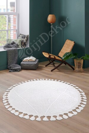 Cotton White Bohemian Round Fringed Bathroom Rug 80x80 RELIEF-WHITE-ROUND-FRINGED-80X80Y - Dijidekor