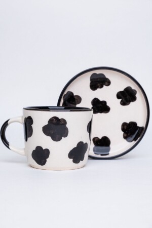 Cow Pattern Double Ceramic Handmade Mug with Saucer, Ceramic Mug, Handmade, Coffee Cup INK12343 - Gezdikçe Bilelim