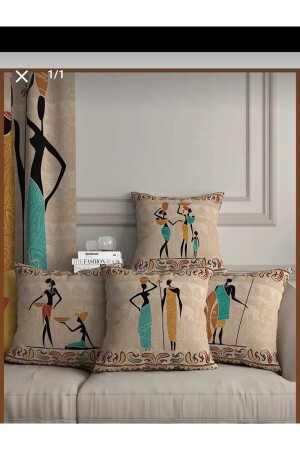Cream Background Ethnic African Turquoise Patterned Digital Double Printed Throw Pillow Cover - Flamenco Tekstil