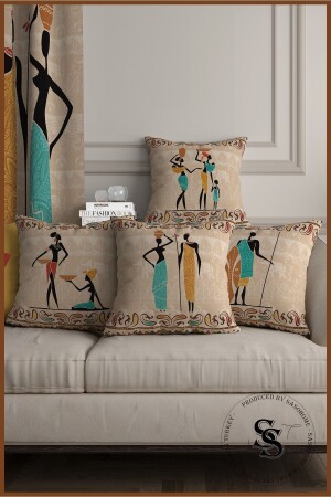 Cream Background Ethnic African Turquoise Patterned Digital Printed Throw Pillow Cover Saso-009 - SasoHome