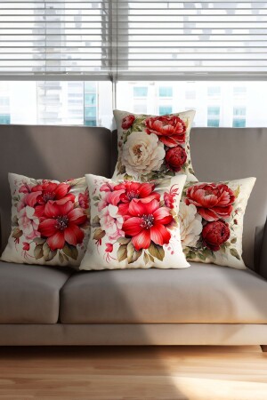Cream Background Red Flower and Crescent Patterned Digital Printed Gift Set of 4 Throw Pillows and Pillowcases - Hayal Dekoratif