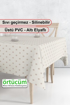 Cream Brown Color Polka Dot Erasable PVC Oilcloth Kitchen Table Cloth Stain Resistant - Örtücüm
