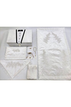 Cream Damat 8 Piece Prayer Mat Set with Storage Velvet Bundle Set - Eylül