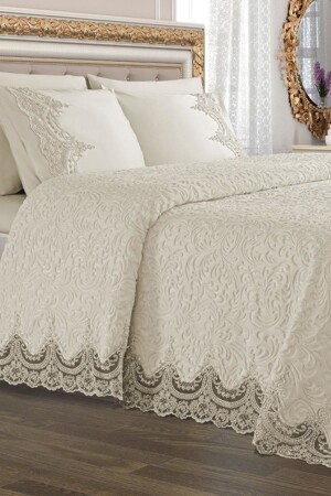 Cream Double French Laced Dowry Blanket Set Arus Cream 206166 - Çeyiz Diyarı