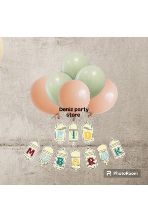 Cream Eid Mubarak Ramadan ornament lettering 3 mold green 3 salmon balloons - Deniz Party Store