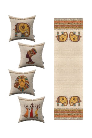 Cream Ethnic African Figured Elephant Patterned 4-Piece Throw Pillow Cover 1 Runner Set 4kmbs304-rs-1 - Cango Home