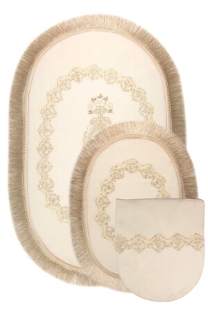 Cream Exclusive 3-Piece Oval Dowry Box Fringed French Laced Toilet Set Bath Mat Set BnyExclusiveOval3lu - Bonny Home