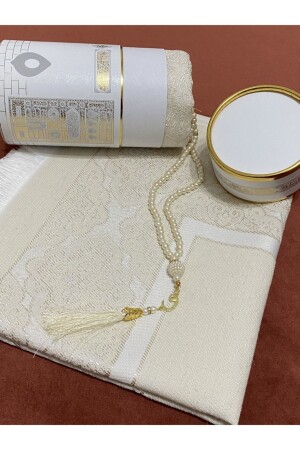 Cream Kaaba Patterned Prayer Rug Set - Prayer Rug - Pearl Tasbih Gift - Ayhanhome